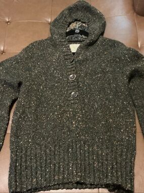 Natural Collections Sz XL Speckled Brown Hooded Quarter Button Sweater EUC